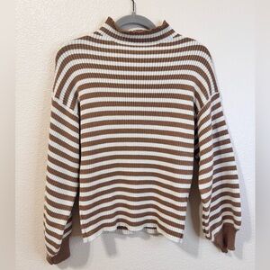 AE Studio Brown & Cream Striped Mock Neck Sweater XS | Cozy Minimal Chic